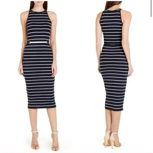 knee length dresses for ladies Striped Square Neck Flippy Midi Dress | Tilleea main image 1